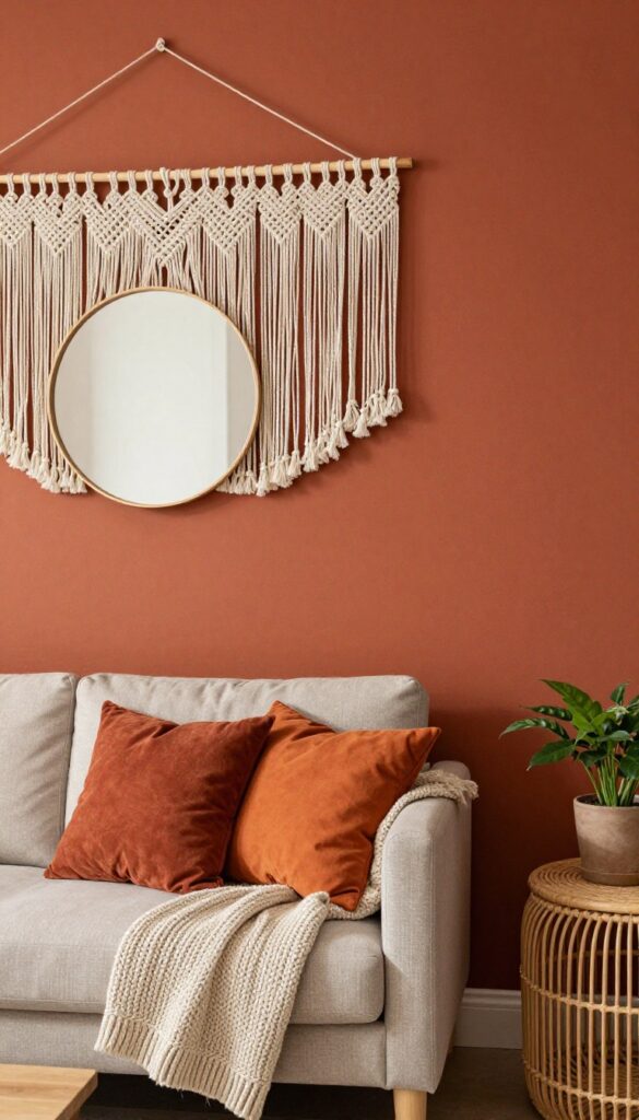 Bohemian living room with a terracotta accent wall, macrame decor, and warm layered textiles