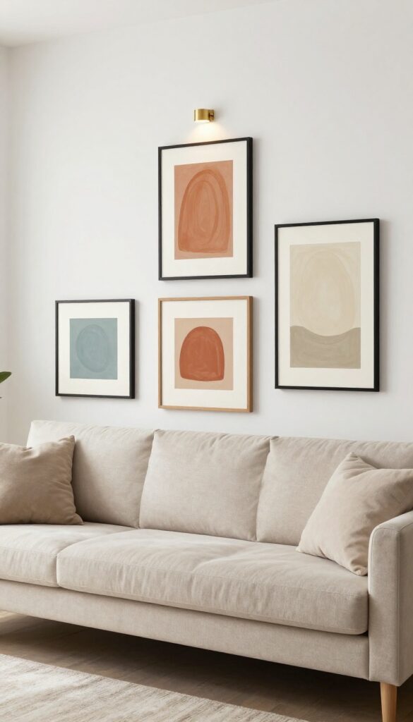 Cluster of small framed artworks above a beige sofa in a cozy living room with natural light and a picture light.