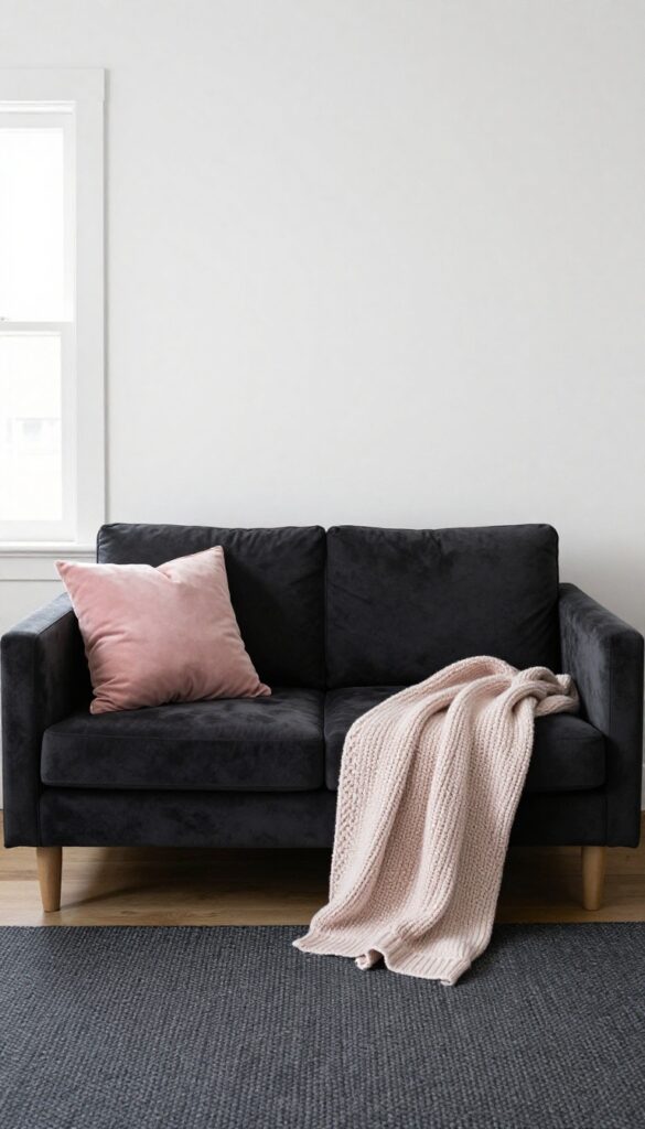 Small living room with charcoal sofa, blush pink pillow and throw, charcoal rug, warm white walls, natural light.