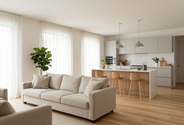 Open-concept living room and kitchen with neutral decor, hardwood floors, and natural light
