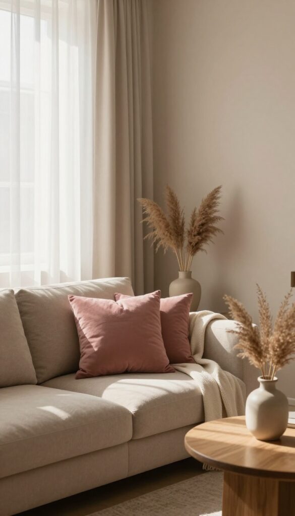 Cozy living room with warm taupe sofa and dusty rose pillows