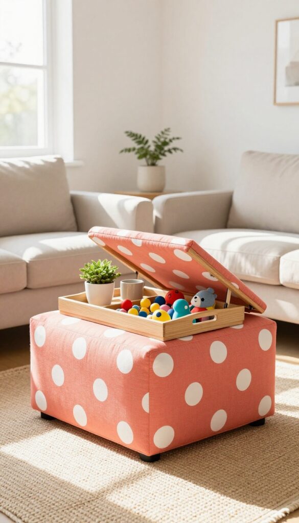 A coral polka-dot ottoman with a lift-top lid open, showing hidden toy storage, in a bright living room with a sofa and natural light.