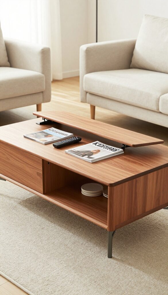 A coffee table with hidden compartments in a bright, tidy living room