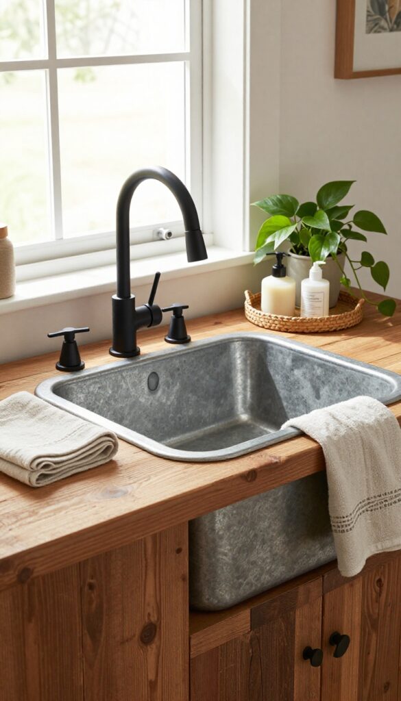 Rustic trough sink on wooden buffet in living room with linen towels and plant