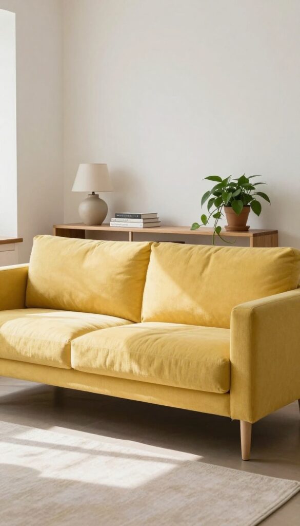 Yellow sofa with a narrow console table behind it, styled with a lamp, books, and a trailing plant in a bright open-plan living room.