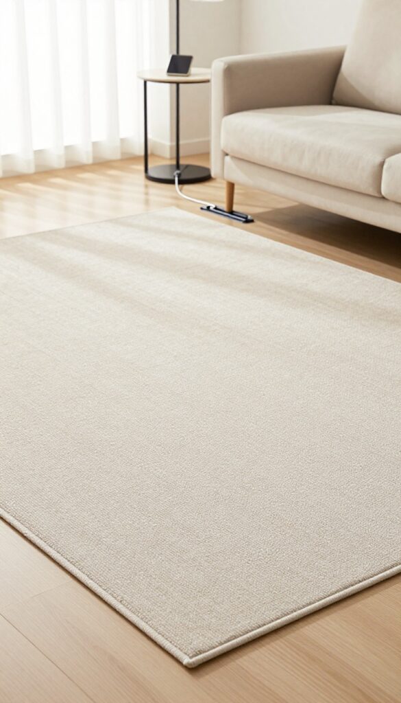 Close-up of a modern living room carpet with built-in cable management channels, showing a charging cord neatly routed into the channel.