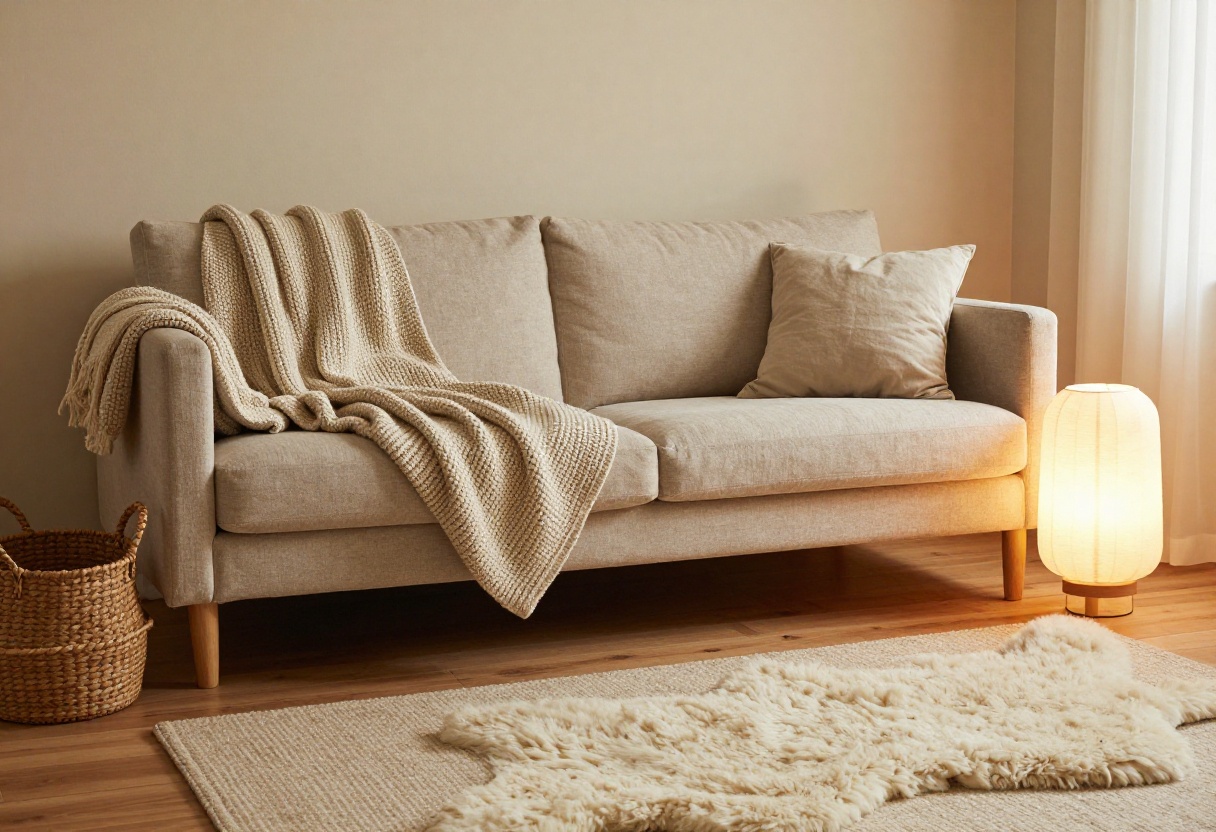 Cozy living room with warm lighting, chunky knit throw, woven basket, floor lamp, and sheepskin rug