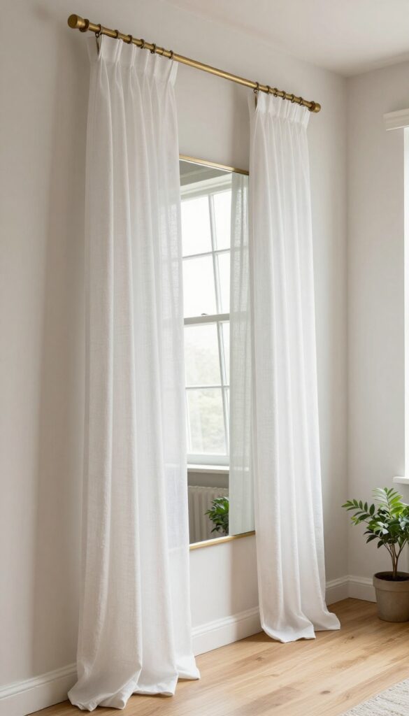 Mirror layered with sheer curtains in a small living room, reflecting natural light to make the space feel bigger and brighter.