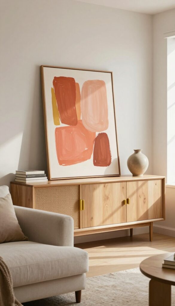 Living room with large colorful abstract artwork leaning on console table, warm decor, natural light