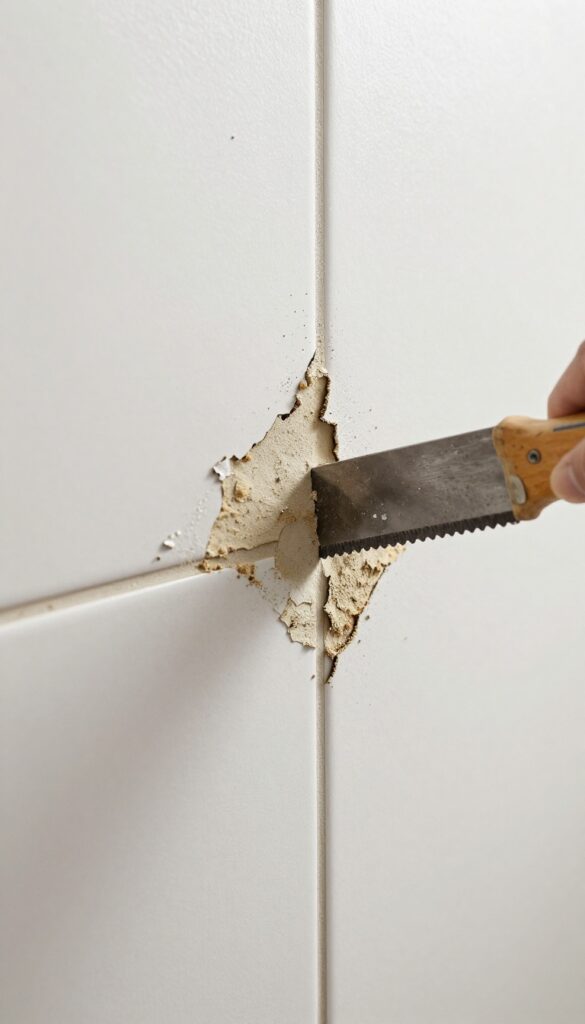 Removing old cracked grout from shower wall with a grout saw