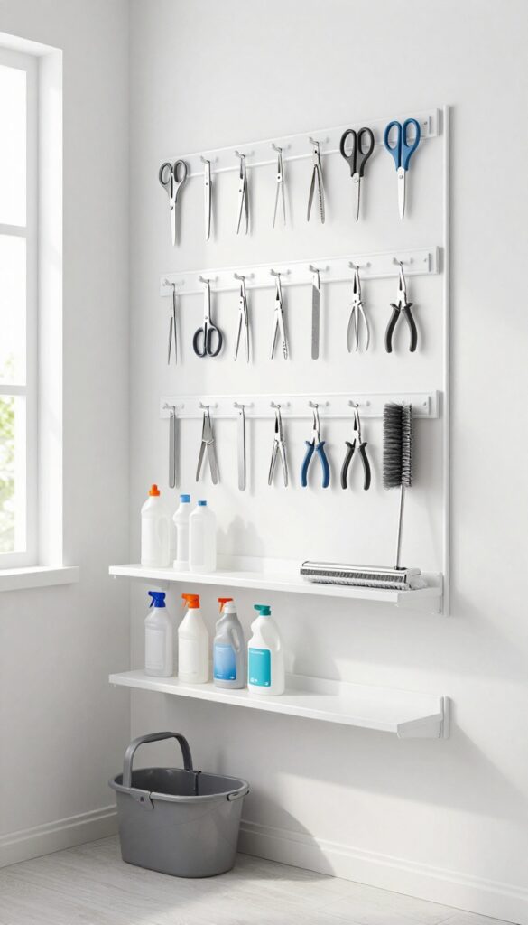 Magnetic strip mounted on closet wall holding metal tools like scissors and tweezers