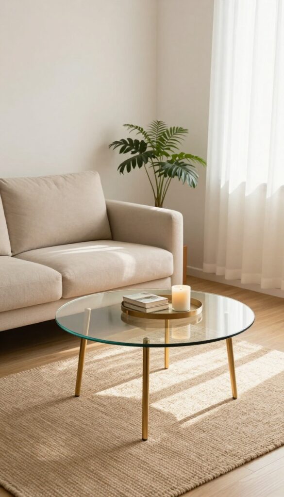 Small living room with glass coffee table reflecting light, warm cozy style