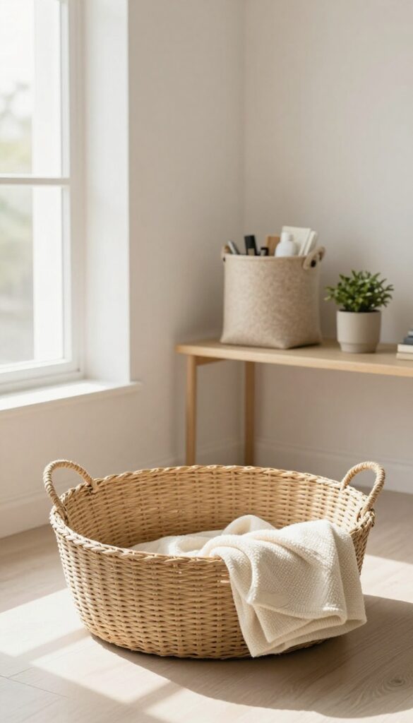Living room with woven basket under console table and felt bin on open shelving, natural light, cozy and organized.