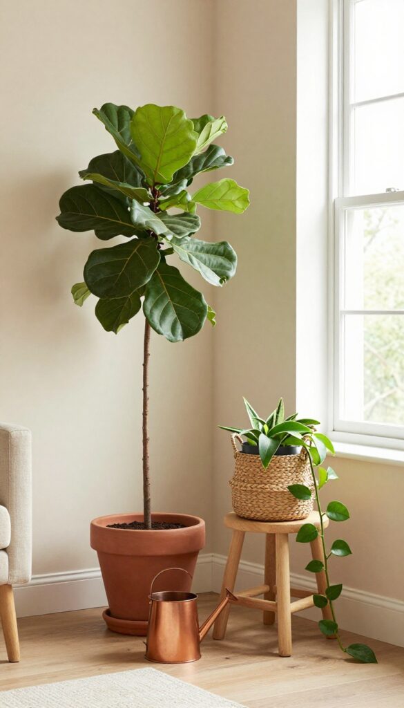 Cluster of houseplants in terracotta, black, and woven pots near a window, with a fiddle-leaf fig, snake plant, and trailing pothos, and a copper watering can