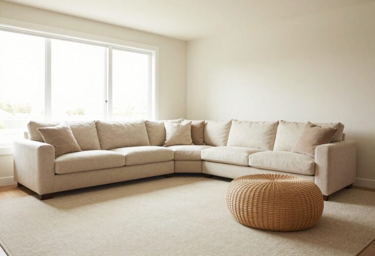 Living room with soft beige carpet, sectional sofa, and round rug over storage ottoman
