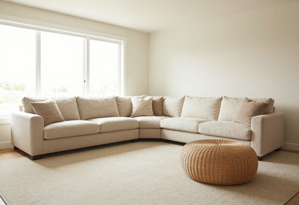 Living room with soft beige carpet, sectional sofa, and round rug over storage ottoman