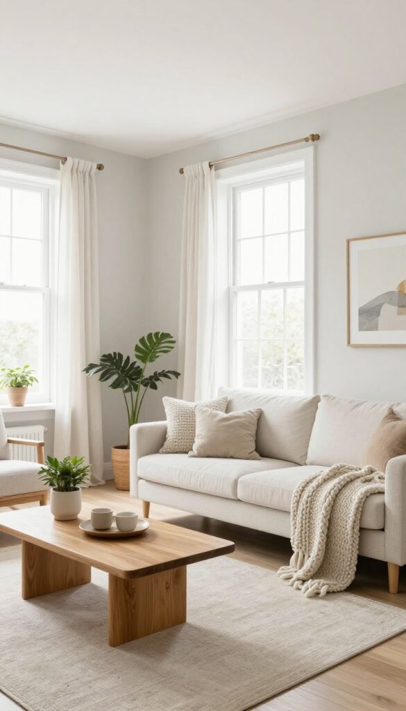 Bright living room with white walls and a soft greige accent wall, natural light, white furniture, wood accents, and plants.