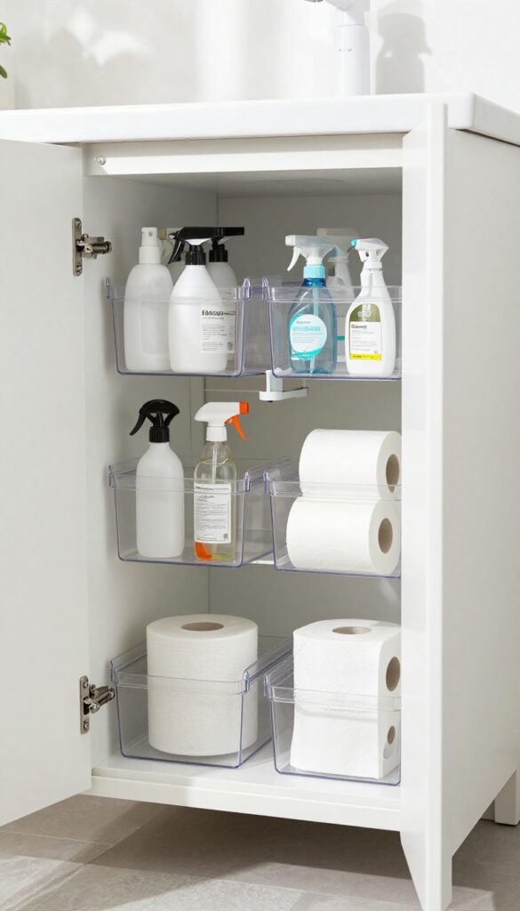 Organized under-sink bathroom cabinet with bins, lazy Susan, and tension rod for storage.