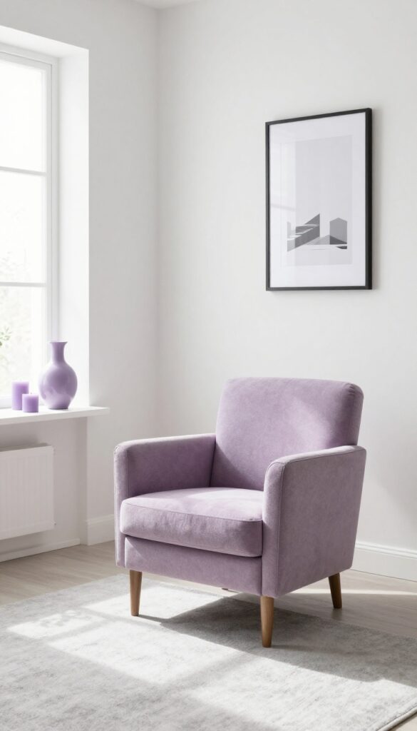 Light and airy living room with a lilac accent chair and lavender decor in natural sunlight