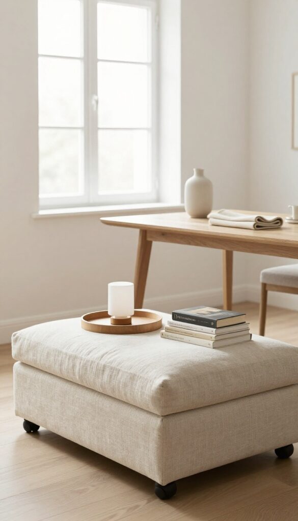 Small living-dining room with a storage ottoman and drop-leaf table, multifunctional furniture in natural light