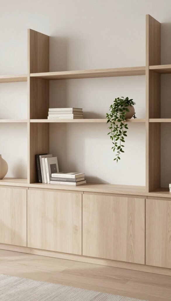 Modern living room with vertical floor-to-ceiling shelving, clean lines, and minimal decor.