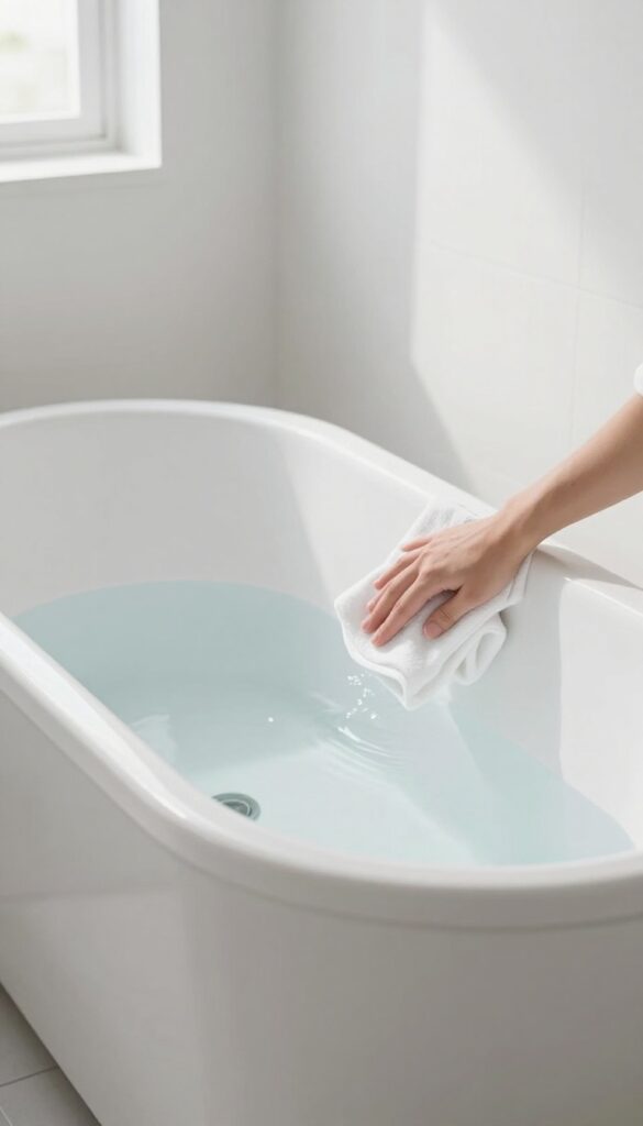 Person wiping down a clean jetted tub surface with a soft cloth, focusing on jet covers in bright natural light