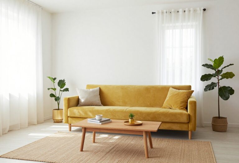Bright living room with a yellow sofa, white walls, jute rug, and plants, showcasing a light and airy decor style.