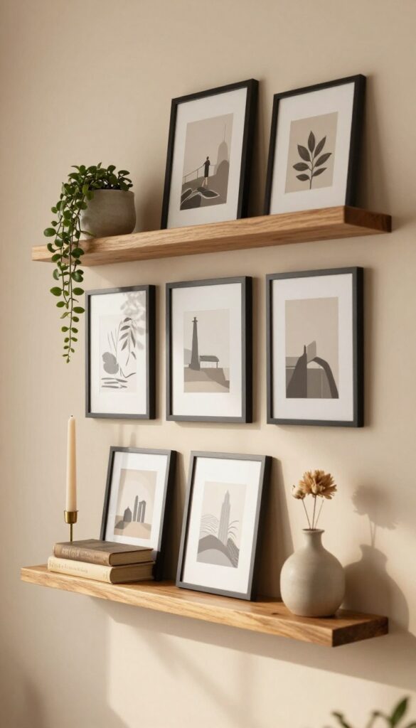 Mini gallery wall on a shelf with framed prints, plant, and candle