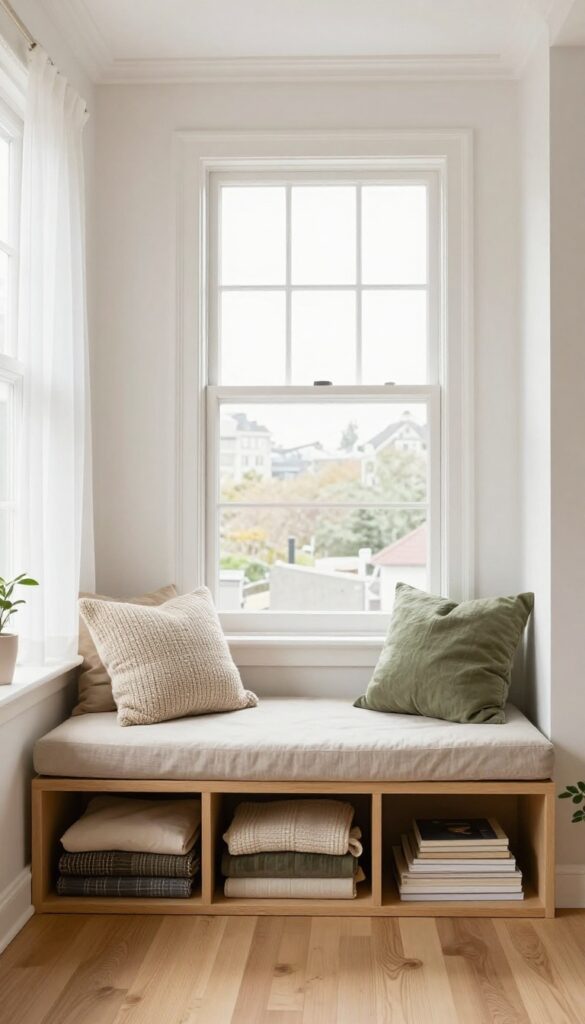 Cozy window seat made from IKEA Eket cubes with cushion and pillows, natural light, modern living room