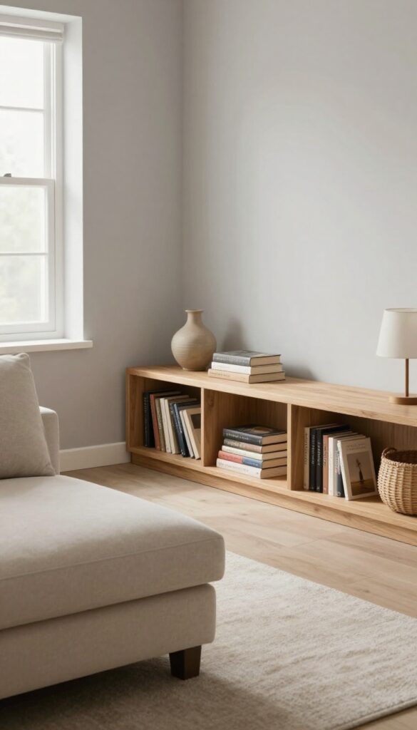 Elegant sofa with built-in bookshelf base in a bright living room