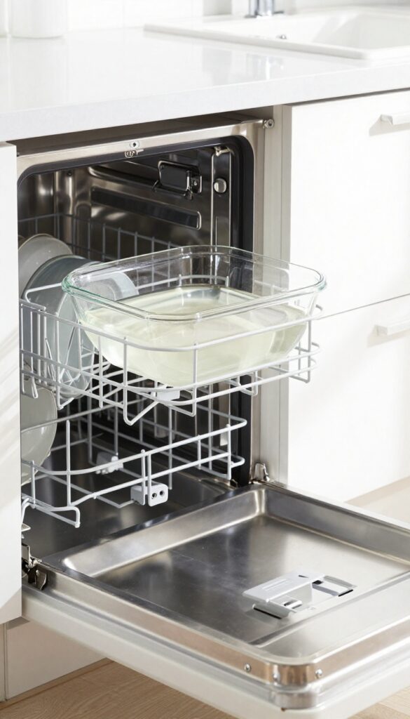 Open dishwasher with a glass bowl of white vinegar on the top rack, ready for a cleaning cycle.