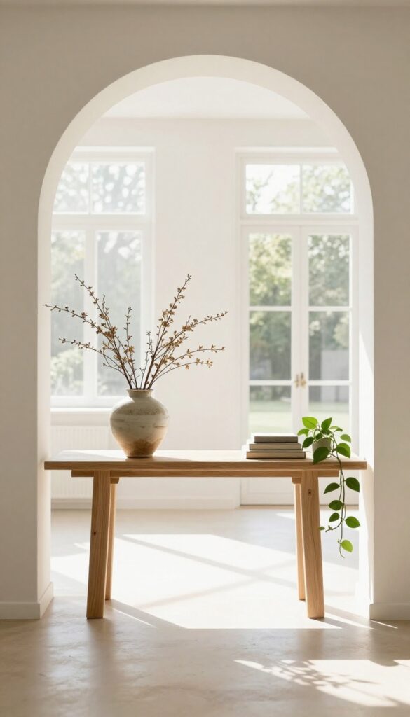 Low console table under living room archway with vase, books, and trailing plant