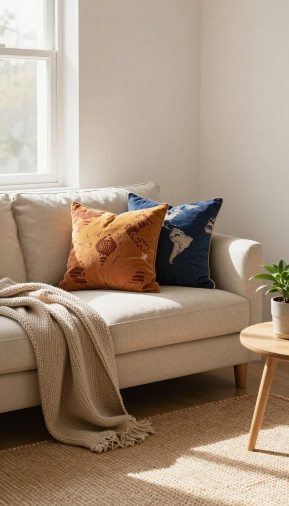 Cozy bohemian living room with earthy tone and global print throw pillows on a neutral sofa, warm natural light