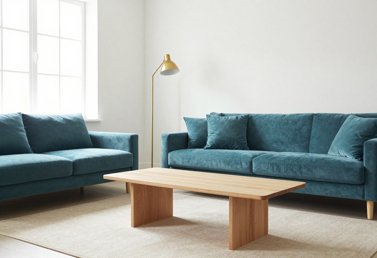 Modern living room with teal velvet sofa, white walls, and natural light
