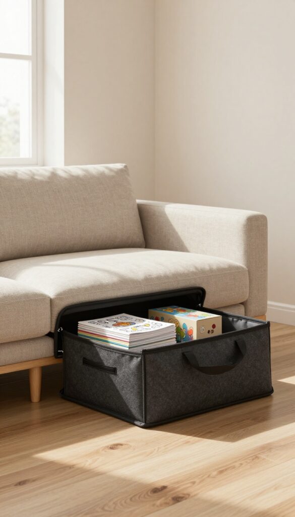 Under-sofa storage bag with coloring books and puzzle box in a bright living room
