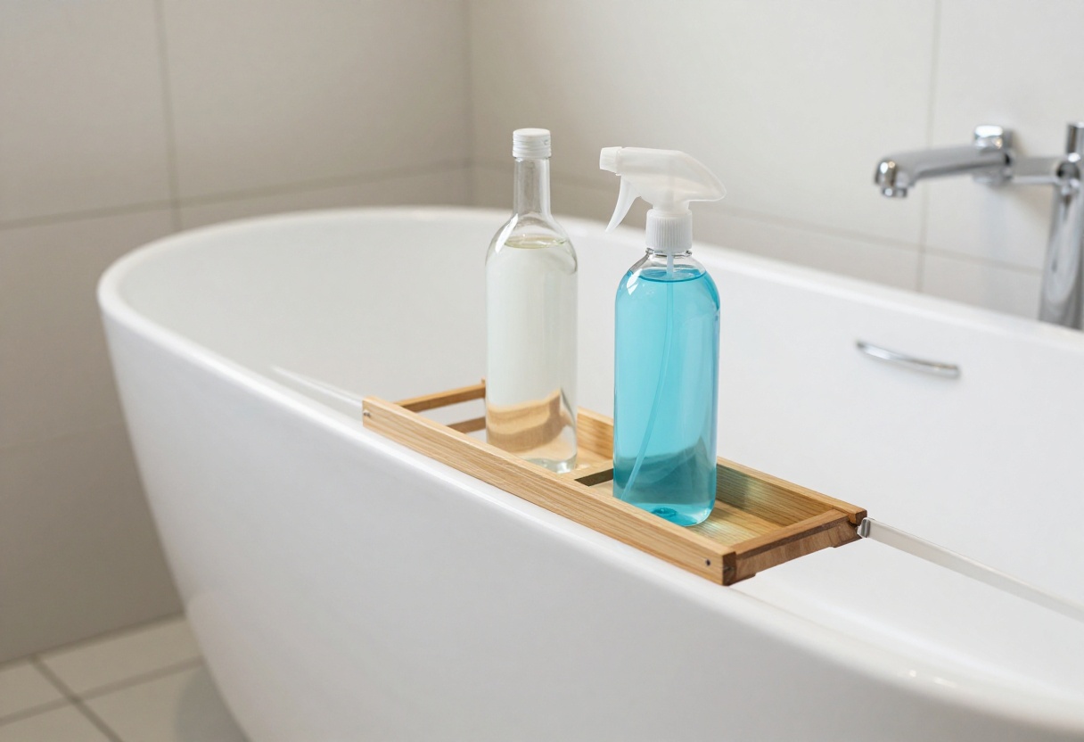 Clean bathtub with vinegar and cleaning spray on a wooden tray