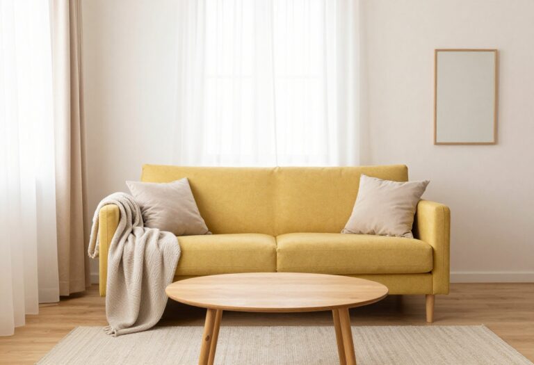 Small living room with a mustard sofa, neutral decor, and natural light