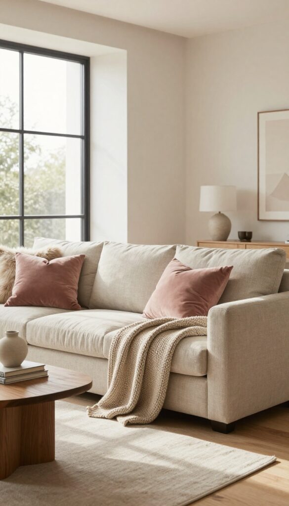 Cozy living room with chunky knit throw draped over sofa, soft natural light, neutral tones, textured pillows.