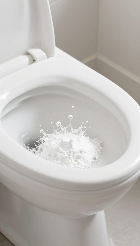 Baking soda and vinegar fizzing in a toilet bowl to remove tough stains
