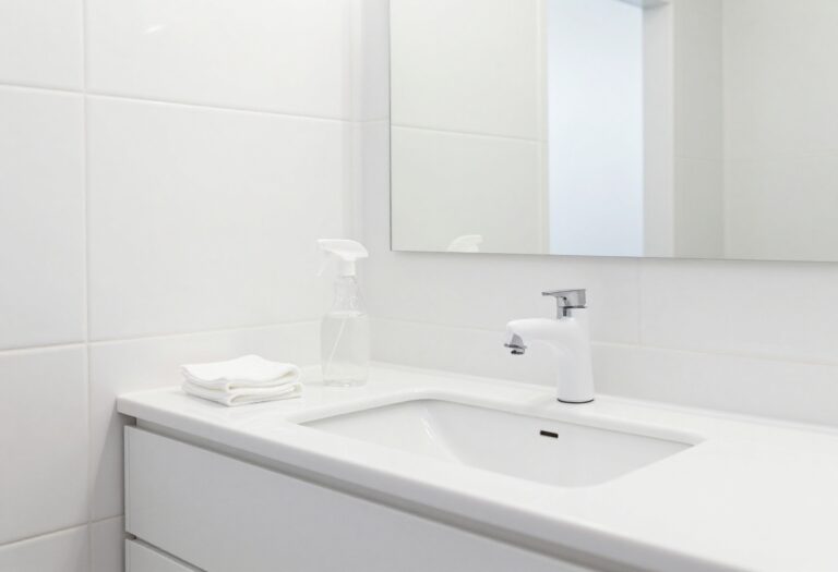 Clean bathroom with cleaning supplies on counter