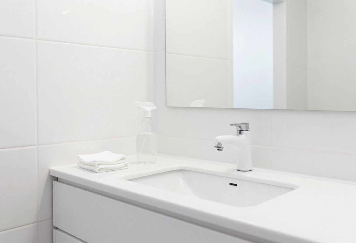 Clean bathroom with cleaning supplies on counter