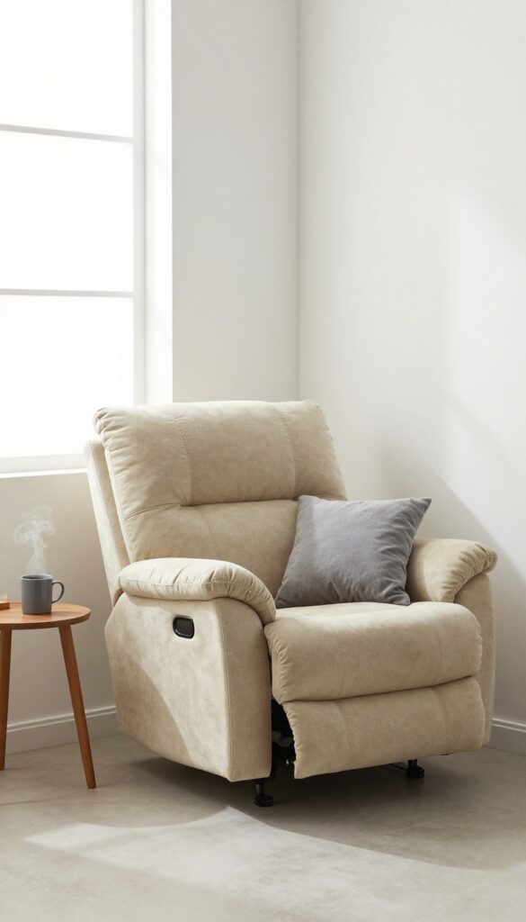 Small living room corner with a beige wall-hugger recliner near a window, side table, and floor lamp, cozy and uncluttered.