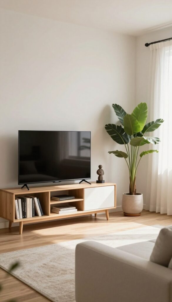 Corner TV stand in a small living room with a triangular unit, TV, plant, and shelves, bright natural light.
