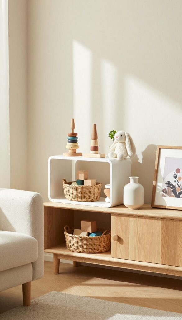 Floating shelves above a console table in a cozy living room, displaying toys and decor in a curated, warm style.