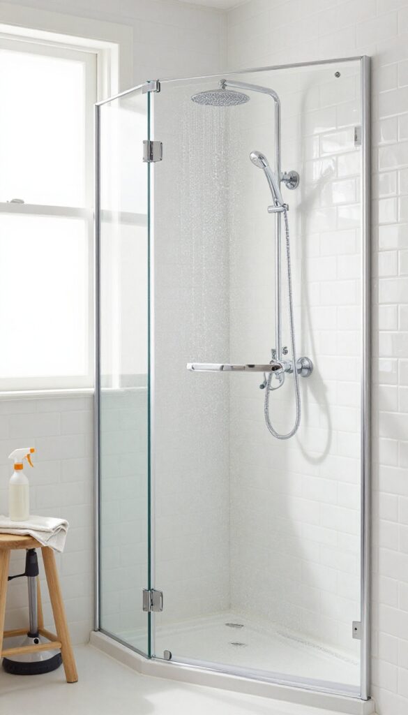 Sparkling clean modern shower with glass doors, tile walls, and cleaning tools