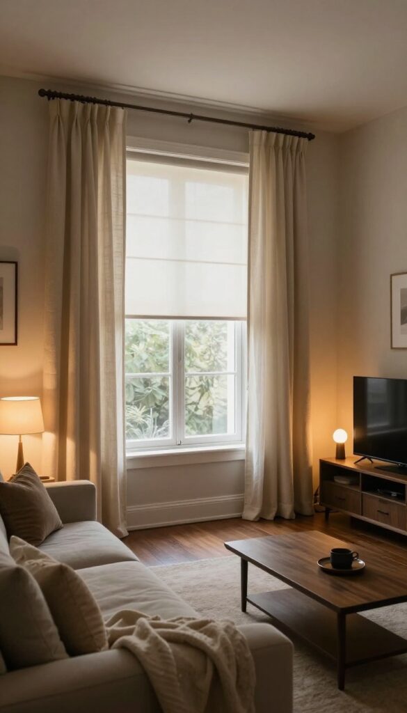 Cozy basement living room with blackout shades behind curtains for movie night comfort.