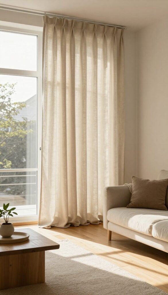 Earthy living room with linen curtains filtering sunlight, cozy textures