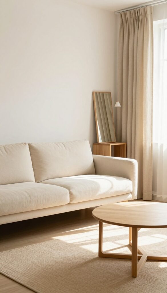 Small living room with sofa floating away from wall, gap behind with console table and lamp, light and airy decor.