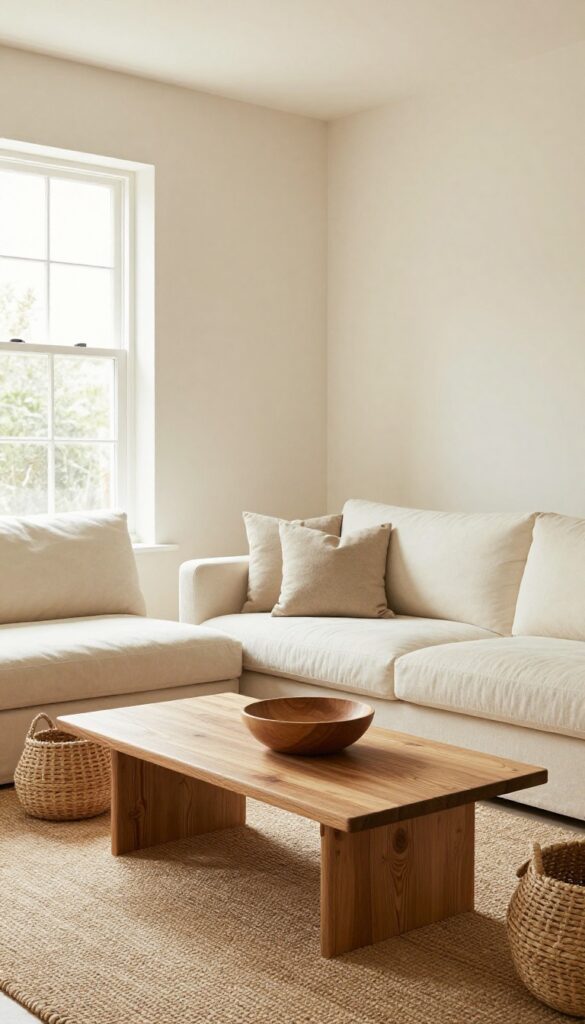 Cream living room with jute rug, wooden coffee table, woven baskets, and natural textures in bright natural light.