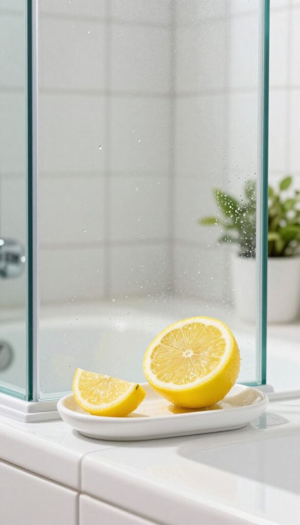 Clean glass shower door with lemon and soap dish